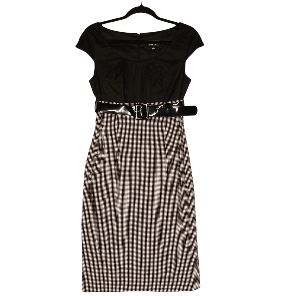 ADRIANNA PAPELL Black White Gingham Plaid Print Cap Sleeve Midi Dress 8 Medium